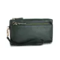 Élégante pochette poignet en cuir véritable vert foncé avec plusieurs compartiments zippés - Pochette Grande Capacité Motif Lychee (SL-017) / Vert Foncé