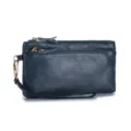 Pochette élégante en cuir véritable bleu marine avec trois compartiments zippés pratiques - Pochette Grande Capacité Motif Lychee (SL-017) / Bleu foncé