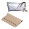 Portable silver crackle leather sunglasses case with protective tan pouch and chain - Silver