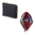 Compact black cross-grain leather wallet with red interior and card slots. - Black and Burgundy