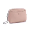 Kompakte Mini-Geldbörse aus genarbtem Leder in Beige mit Reißverschluss und Ring - Rosa