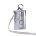 Premium silver metallic leather mini coin pouch with lanyard and carabiner hook - Crescent Silver