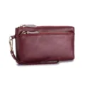 Pochette élégante en cuir de vachette bordeaux avec trois compartiments zippés pratiques. - Pochette Grande Capacité Motif Lychee (SL-017) / Rouge Foncé