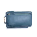 Pochette pour femme en cuir véritable bleu canard avec plusieurs compartiments zippés - Pochette Grande Capacité Motif Lychee (SL-017) / Bleu Lin