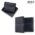 Black leather RFID-blocking men's wallet with elegant gray stripes and gift box packaging - No Logo Style / With Gift Box / Black
