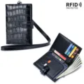 Black crocodile pattern leather passport holder with RFID protection and neck strap - Black