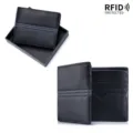 Black genuine cowhide leather wallet with RFID protection and striped design, gift box - Logo Print Style / With Gift Box / Black