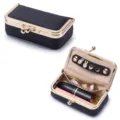 Portable black leather mini jewelry box with gold kiss-lock for rings and lipstick - Black