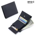 Genuine leather bifold wallet with RFID protection and integrated coin pocket in black - Black