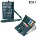 Dark green crocodile pattern leather passport holder with RFID protection and neck strap - Emerald Green