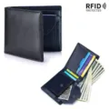 Herren-Geldbörse aus schwarzem Leder mit RFID-Schutz und Münzfach, zweifach faltbar - Schwarz und Blau