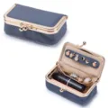 Premium blue pebbled leather mini jewelry box with gold clasp for rings and lipstick - Denim Blue