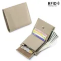 Thin beige pebbled genuine leather bi-fold wallet for women with RFID protection - Elephant Gray
