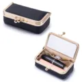 Tragbare schwarze Lippenstiftetui aus Leder mit integriertem Spiegel und goldenem Klickverschluss - Schwarz (Litschi-Maserung)