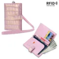 Iridescent pink crocodile pattern leather passport holder with neck strap and RFID protection - Light Purple Gold Sparkling