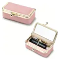 Tragbare Lippenstift-Hülle aus rosa Leder und Schmuckkästchen mit Goldverschluss - Rosa (Litschimuster)