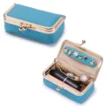 Blue litchi grain leather mini jewelry case with gold clasp and interior storage - Sky Blue