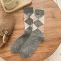 Women winter fluffy argyle wool mid-calf socks warm cozy thick knit hosiery soft casual - One Size (33-40) / Dark Gray