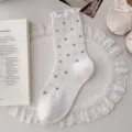 Elegant white Korean style floral ruffle mid-calf socks for women in soft cotton mesh - One Size / White