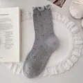 Korean style grey cotton socks with blue floral embroidery and ruffled lace edge - One Size / Gray