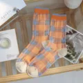 Stylish plaid glass silk crew socks with breathable cotton bottom and orange contrast - One Size (35-39) / Orange Lines / 1 Pair