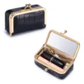 Schwarzes Leder Lippenstift- und Schmucketui mit Spiegel und Klickverschluss - Schwarz (Krokodilmuster)