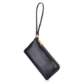 Vintage black leather long wallet for women with gold zipper and wristlet strap - Black