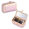 Lippenstiftetui aus rosa Krokodilleder und Schmuckschatulle mit integriertem Spiegel - Hellviolett Goldglitzer (Krokodilmuster)