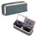 Premium portable green leather sunglasses case with mirror and secure clasp closure - Almond Green