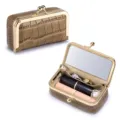 Elegantes Lippenstiftetui aus Leder mit Krokoprägung, Spiegel und Goldverschluss, Khaki - Mokkabraun (Krokodilmuster)