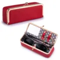 Premium red pebbled leather portable sunglasses case with kiss lock and internal mirror - Red