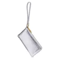 Elegant metallic silver pebbled leather wristlet clutch with golden zipper and long strap. - Silver