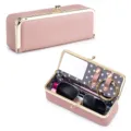 Pink genuine leather portable sunglasses and cosmetic case with mirror and gold clasp - Pink
