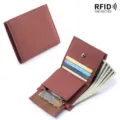 Slim genuine leather bifold wallet with RFID blocking technology and a coin pocket. - Brick Red