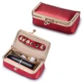 Red textured genuine leather mini jewelry and lipstick storage pouch with gold frame - Metallic Red