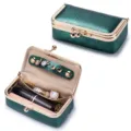 Elegant emerald green genuine leather jewelry and lipstick organizer box with gold clasp - Metallic Green