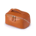 Tragbare Kosmetiktasche aus echtem Leder in Hellbraun mit Tragegriff und Reißverschluss - S / Braun