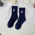 Thick navy blue mid-calf winter socks with white letter P embroidery for warmth - One Size (35-40) / Thin Style / Navy Blue