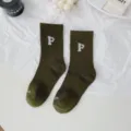 Warm olive green winter crew socks featuring a white P letter embroidery design - One Size (35-40) / Thin Style / Army Green