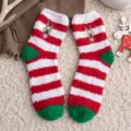 Cozy coral fleece red and white striped Christmas socks with cute reindeer embroidery. - 35-40 / Embroidered Reindeer Style (1 Pair)