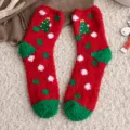 Cozy red coral fleece Christmas socks with festive tree pattern and white polka dots - 35-40 / Embroidered Christmas Tree Style (1 Pair)