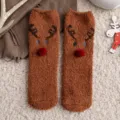 Soft and warm brown reindeer coral fleece Christmas sleep socks with 3D red pom-pom nose - 35-40 / Dark Brown Reindeer Style (1 Pair)
