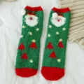 Cozy green fuzzy Christmas socks featuring Santa Claus and tree patterns. - 35-40 / Christmas Green Style (1 Pair)