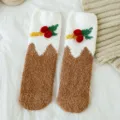 Cute brown and white Christmas pudding themed fuzzy socks for women in soft coral fleece - 35-40 / Coffee Christmas Bell Style (1 Pair)