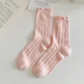 Sweet pink ruffle socks for women, cute hollow-out knit mid tube socks for daily wear. - One Size (34-40) / Pink