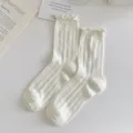 Women white ruffle socks casual knit hollow out mid tube socks sweet student style daily wear - One Size (34-40) / White