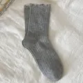 Grey flecked yarn ruffle socks for women, cute preppy style mid tube knit hosiery casual. - One Size (34-40) / Light Gray