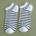 Classic black and white striped cotton ankle socks for women, low cut boat sock style - One Size (36-39) / White (1 Pair)