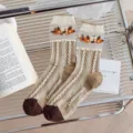 Japanese style floral embroidery glass silk socks with breathable cotton bottom in brown - One Size (35-39) / Twist Small Flower / 1 Pair