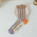 Japanese style breathable glass silk socks with cotton bottom and purple stripes - One Size (35-39) / Purple Brown Stripes / 1 Pair